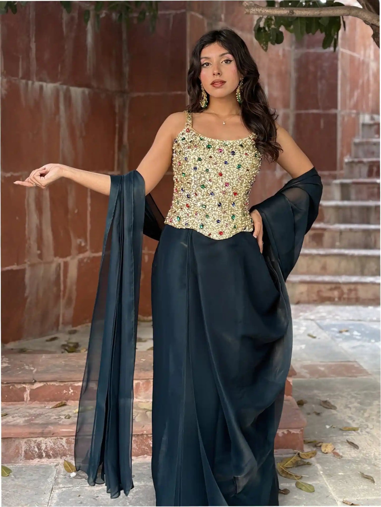 Ziya – Champagne Gold Bejewelled Corset Pre - Draped Saree Set - truzee