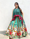 Feroza Fable – Turquoise Printed Lehenga Set with Fringe Cape
