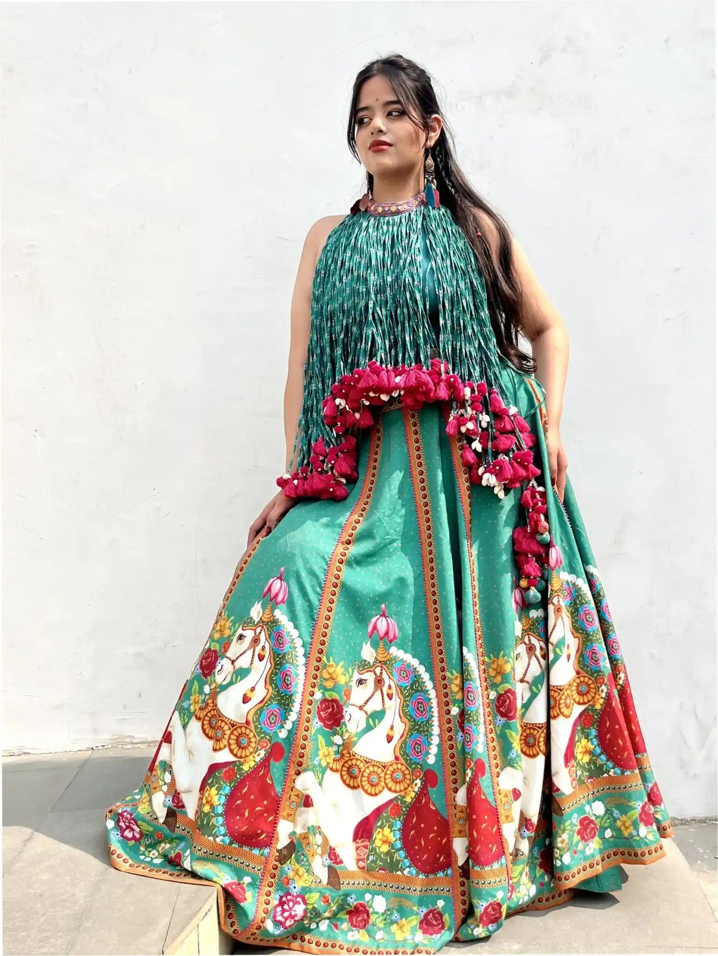 Feroza Fable – Turquoise Printed Lehenga Set with Fringe Cape - truzee