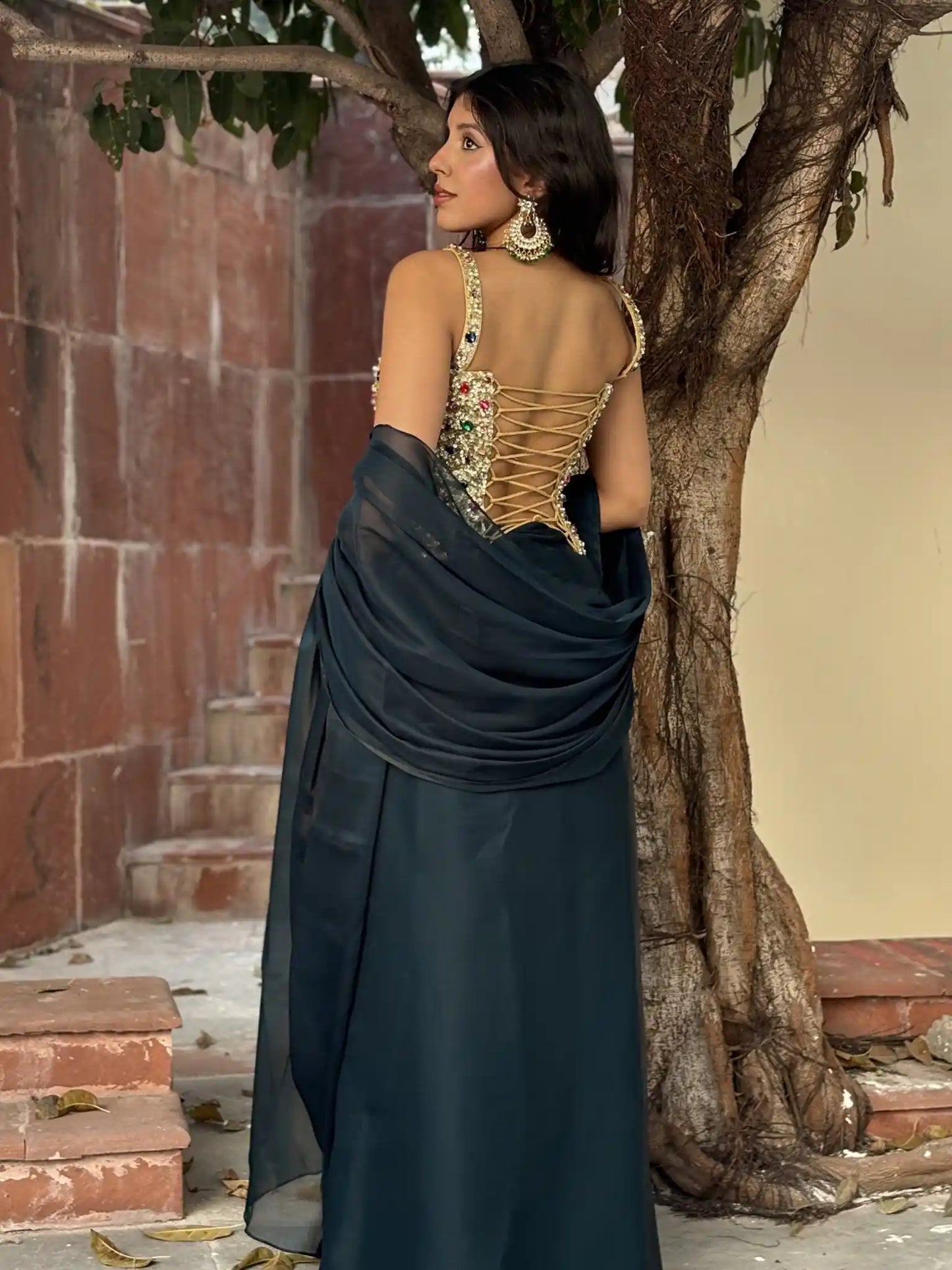 Ziya – Champagne Gold Bejewelled Corset Pre - Draped Saree Set - truzee
