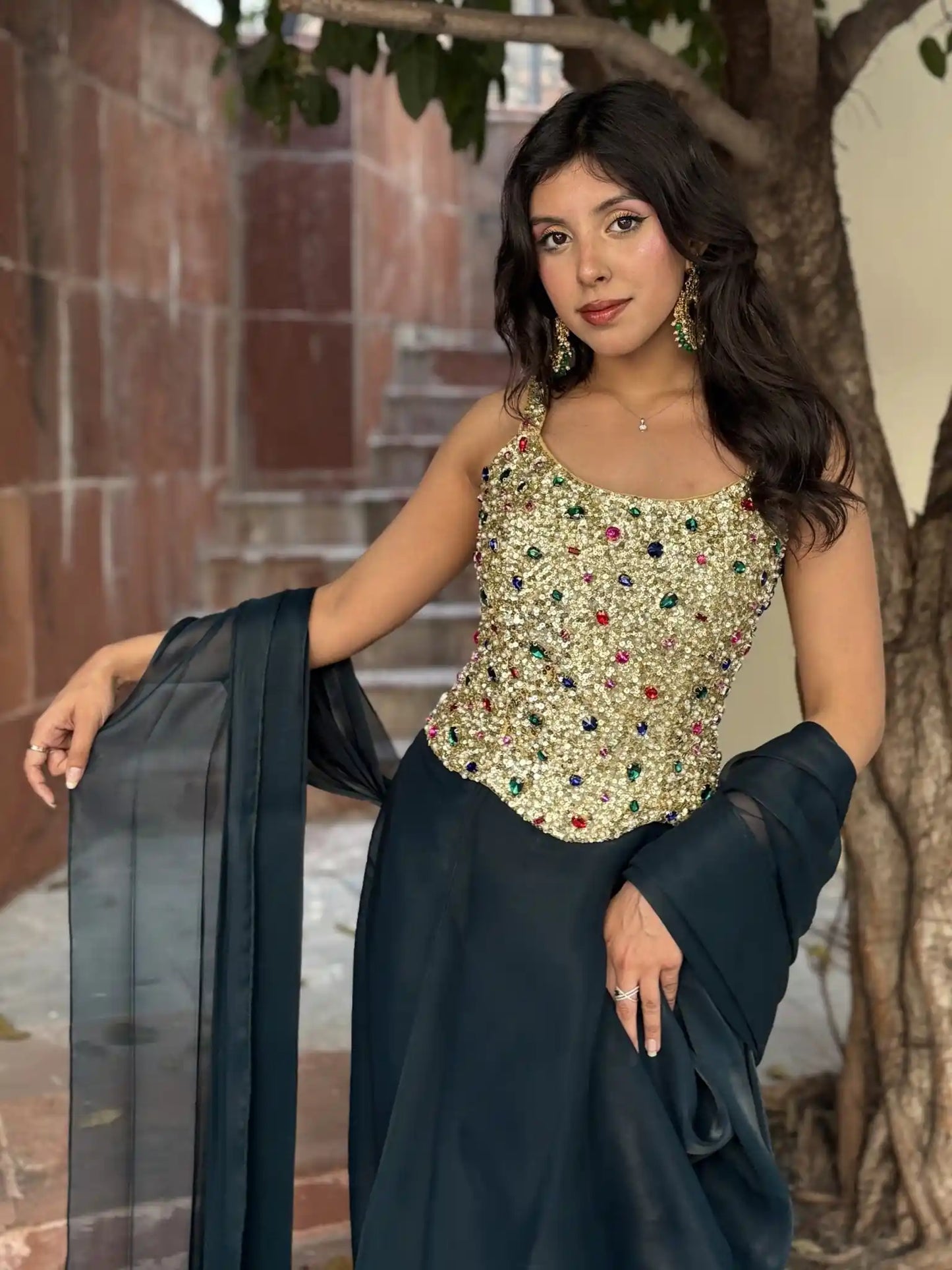 Ziya – Champagne Gold Bejewelled Corset Pre - Draped Saree Set - truzee