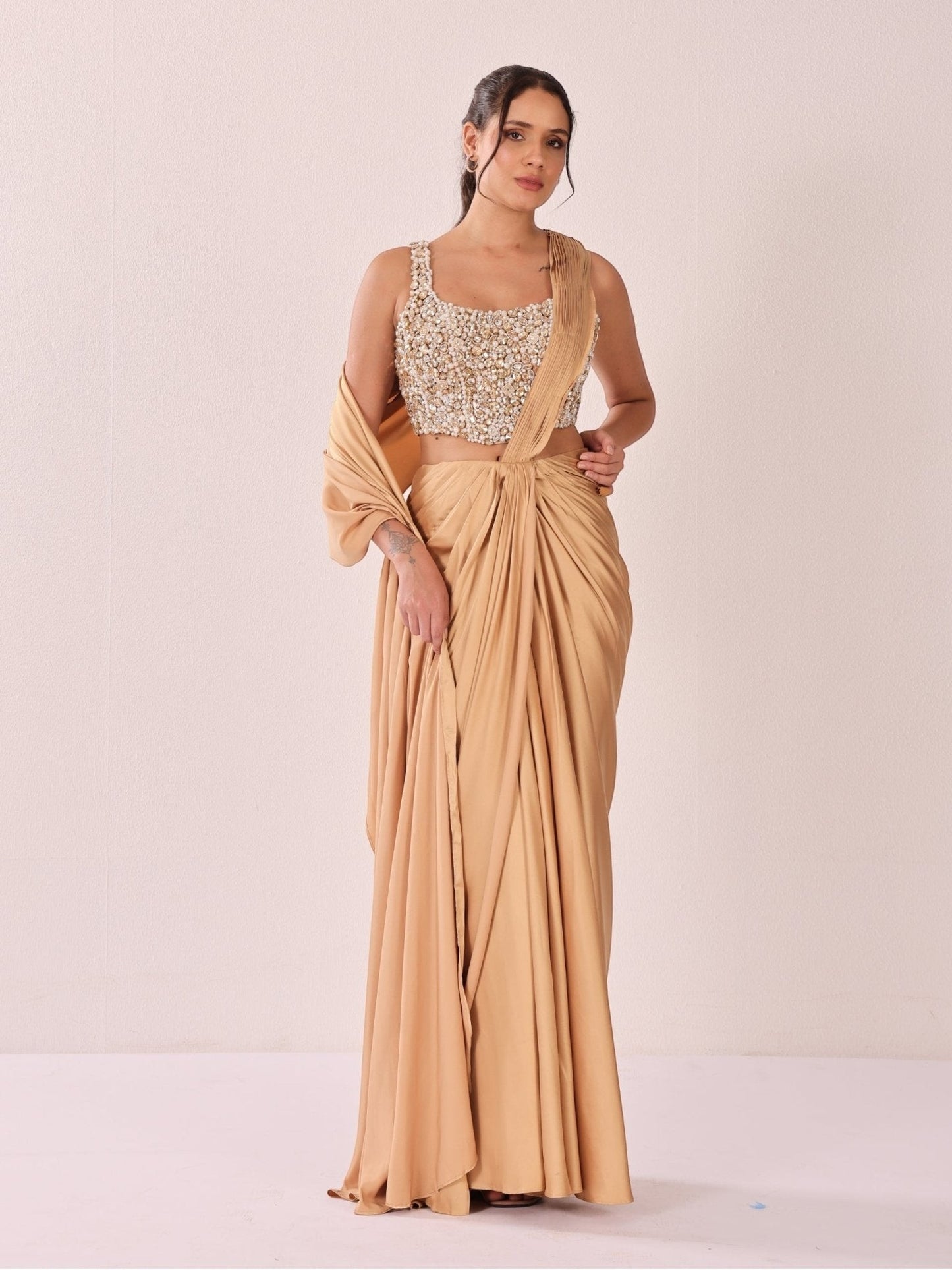 Crystal Caramel Corset Saree Set - truzee