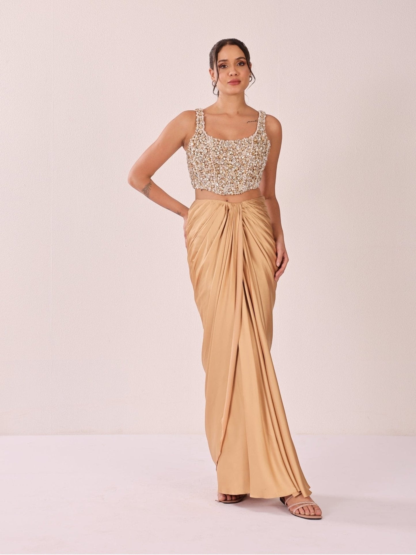 Crystal Caramel Corset Saree Set - truzee